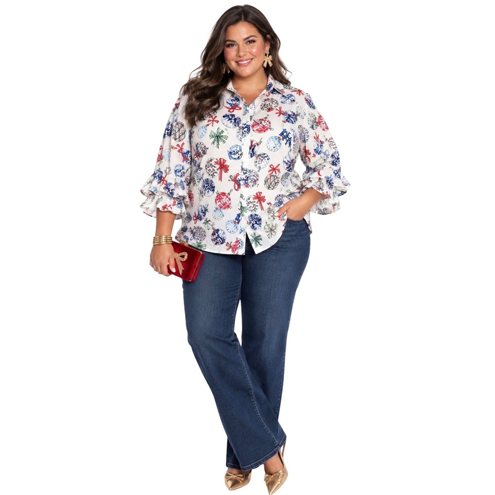 Christmas Ornament Print Ruffle Sleeve Blouse White Plus Size 3XL High Low Hem